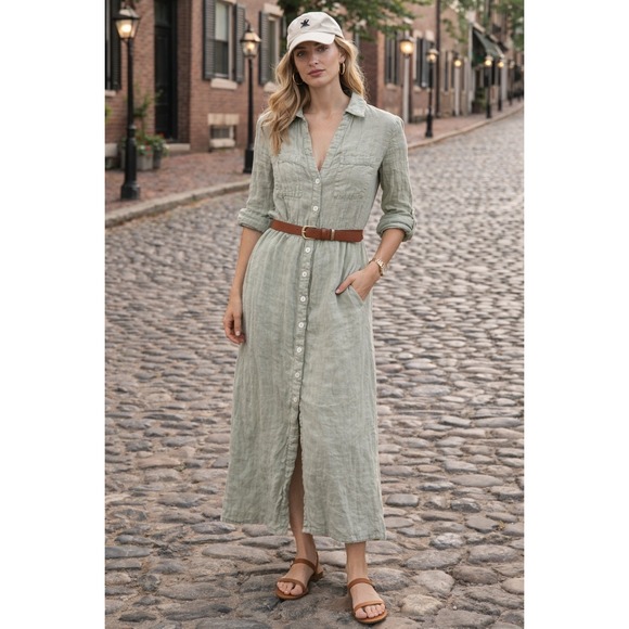 Zara Dresses & Skirts - Zara Linen Crinkle Shirt Dress Sz S Light Green Quiet Luxury EuropeanTravel Chic